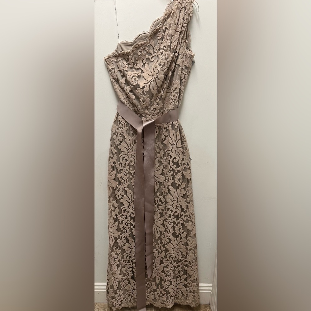 Tadashi Shoji One-Shoulder Lace Gown in Champagne - Picture 2 of 11